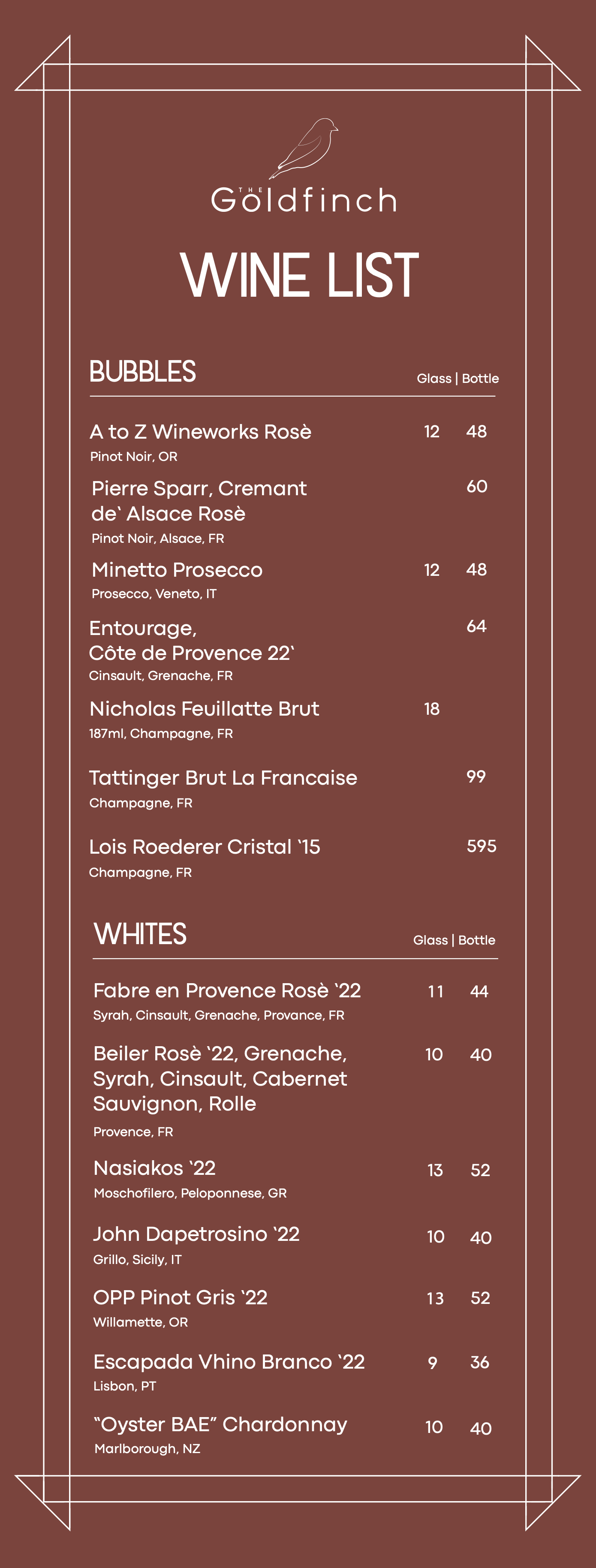 Goldfinch newest wine menu